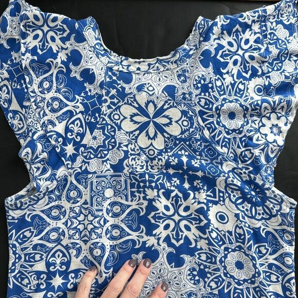 Maeve Anthropologie Sz XS Catie Ruffle-Sleeved‎ Tee Blouse Top Blue Motif Boho - Picture 9 of 14